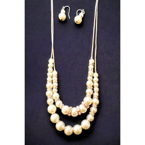 Jessica McClintock Gold Chain w Pearls & Faux Diamond Spacers Necklace Set - Picture 1 of 8